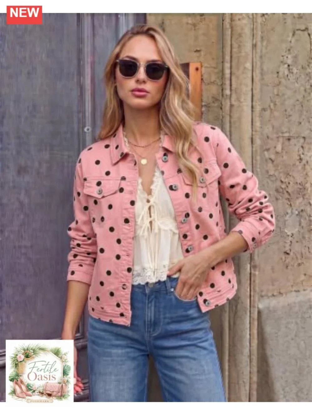 Women's Polka Dot Stretch Denim Jacket with Pockets